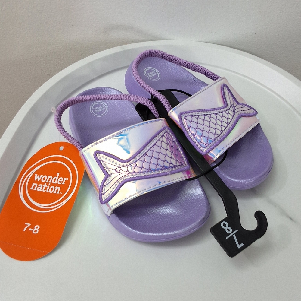 Wonder Nation Kids Girls Purple Mermaid Slides Sandals, Size 7-8, New With Tag